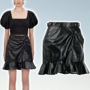 SELF-PORTRAIT Faux Leather Flounced Mini Skirt Sz 2 Black